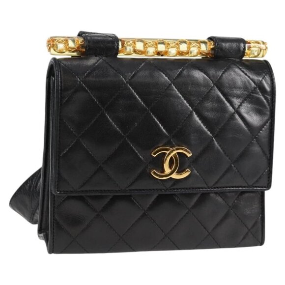 CHANEL Matelasse Shoulder Bag Lamb Skin Black Gold CC Auth 132061V - Picture 1 of 16